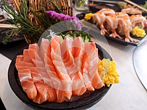 juicy yummy delicious tasty raw and fresh fatty Sliced Ã¢â¬â¹Ã¢â¬â¹orange salmon sashimi fish in Japanese style popular seafood